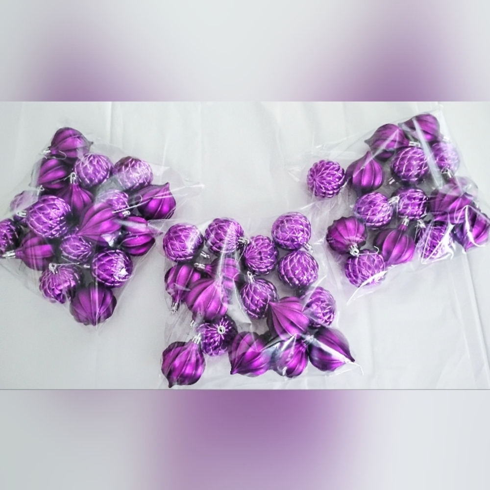 50- Purple Matte and Textured Christmas Ornament  Set - Party Décor